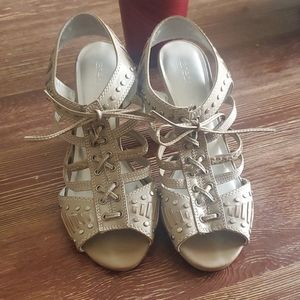 Lace up coned heeled sandals